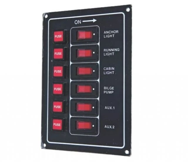 Painel Elétrico Marinizado p/ 6 Botões Iluminados c/ Fusível Individual - em Alumínio Preto